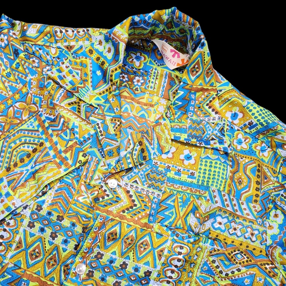 Sears Hawaii Camp Shirt‎ Mens Large Psychedelic Patchwork Vintage 60s Thin READ